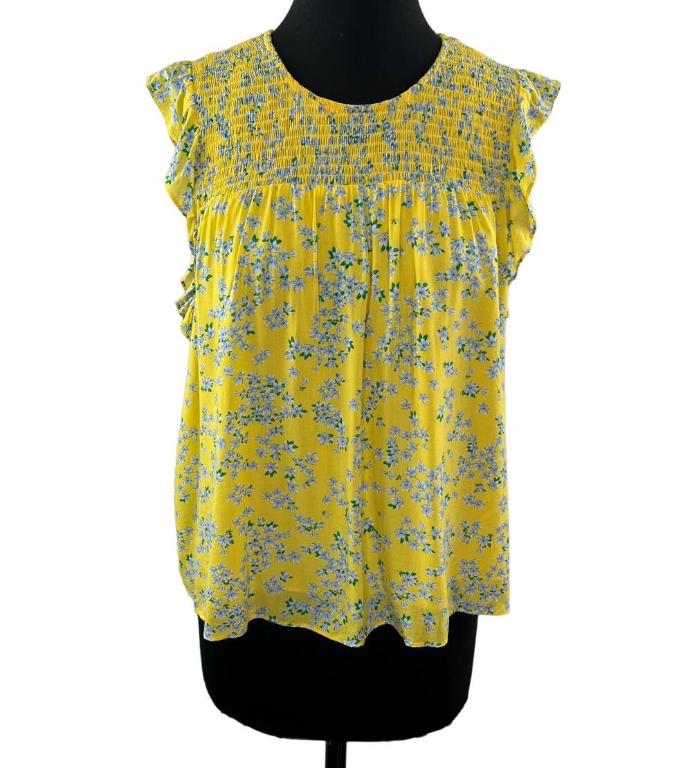 Draper James RSVP Yellow / Blue XL Top Floral Crew Neck Smocked Flutter Sleeve